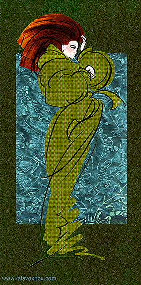 Fashion illustration of a red-haired woman wearing a green plaid bathrobe, by LaLaVox.