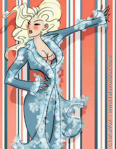 Fashion illustration of a blonde woman wearing a flowered bathrobe in front of striped wallpaper, by LaLaVox.
