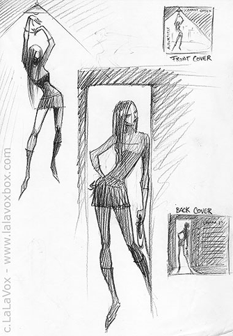 CD-cover-idea sketches of a woman in a mini skirt under a lamp and with a whip in a doorway, by LaLaVox.