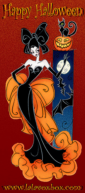 Fashion illustration Happy Halloween greeting card of a woman in a long black and orange dress with a big bow on her head, by LaLaVox. There are a black cat, a pumkin, and two bats with her.