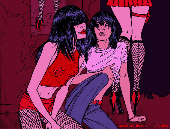 Fashion illustration of two women with black hair sitting on the floor at a club. One is wearing red lipstick, fishnet stockings, a transparent shimmy shirt, and electrical tape. The other is wearing blue jeans and a T-shirt, by LaLaVox.