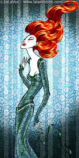 Fashion illustration of a red-haired woman wearing a green lace dress, by LaLaVox.