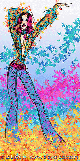 Fashion illustration of a woman with fuschia hair wearing a low-cut blouse and hip huggers standing in colored leaves, by LaLaVox.