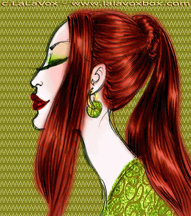 Fashion illustration of a red-haired woman in profile wearing a green shirt, by LaLaVox.