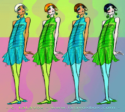 Fashion illustration of four woman (blonde, red-haired, brunett, and black-haired) in 1960s-style mini-dresses and big earrings in turquoise and green, by LaLaVox.