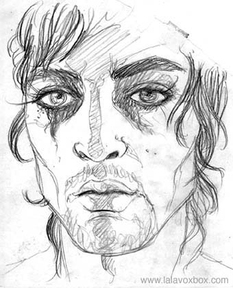 Fashion sketch of a man wearing smeared eyeliner, by LaLaVox.