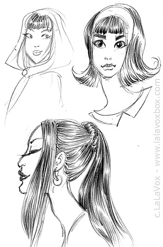 Fashion sketches of three women with shiny hair, by LaLaVox.